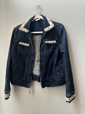 St. John Dark Blue Denim jean Jacket Contrast Trim zipper women 4P